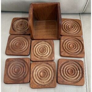 Vintage Goodwood Genuine Teak 9 piece Coaster Set Mid Century Modern